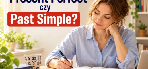 Kobieta ucząca się przy biurku — Present Perfect czy Past Simple?