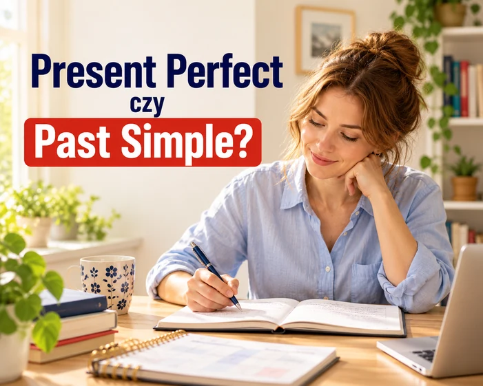 Kobieta ucząca się przy biurku — Present Perfect czy Past Simple?