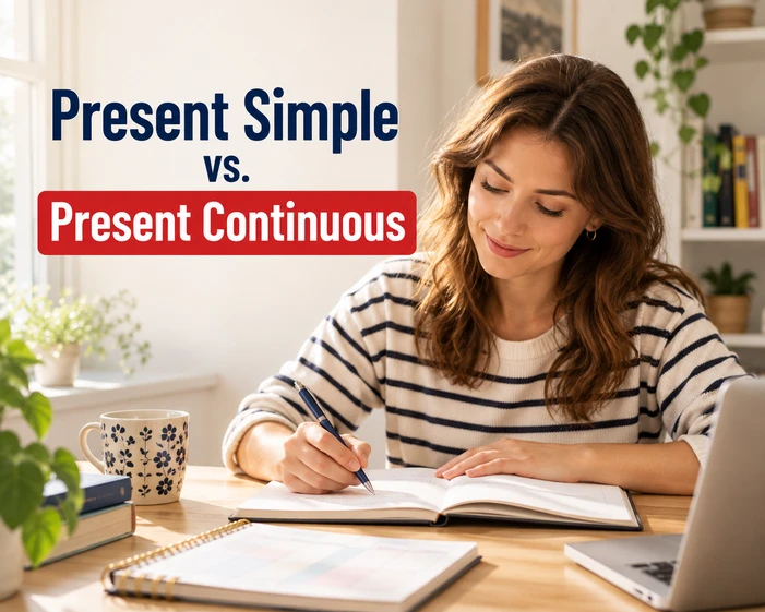 Kobieta pisząca w zeszycie – Present Simple vs. Present Continuous