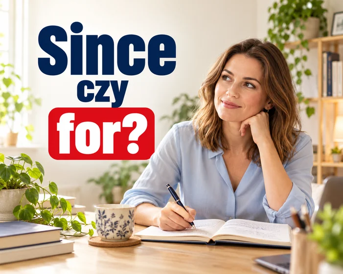 Since czy for? – kobieta ucząca się angielskiego przy biurku
